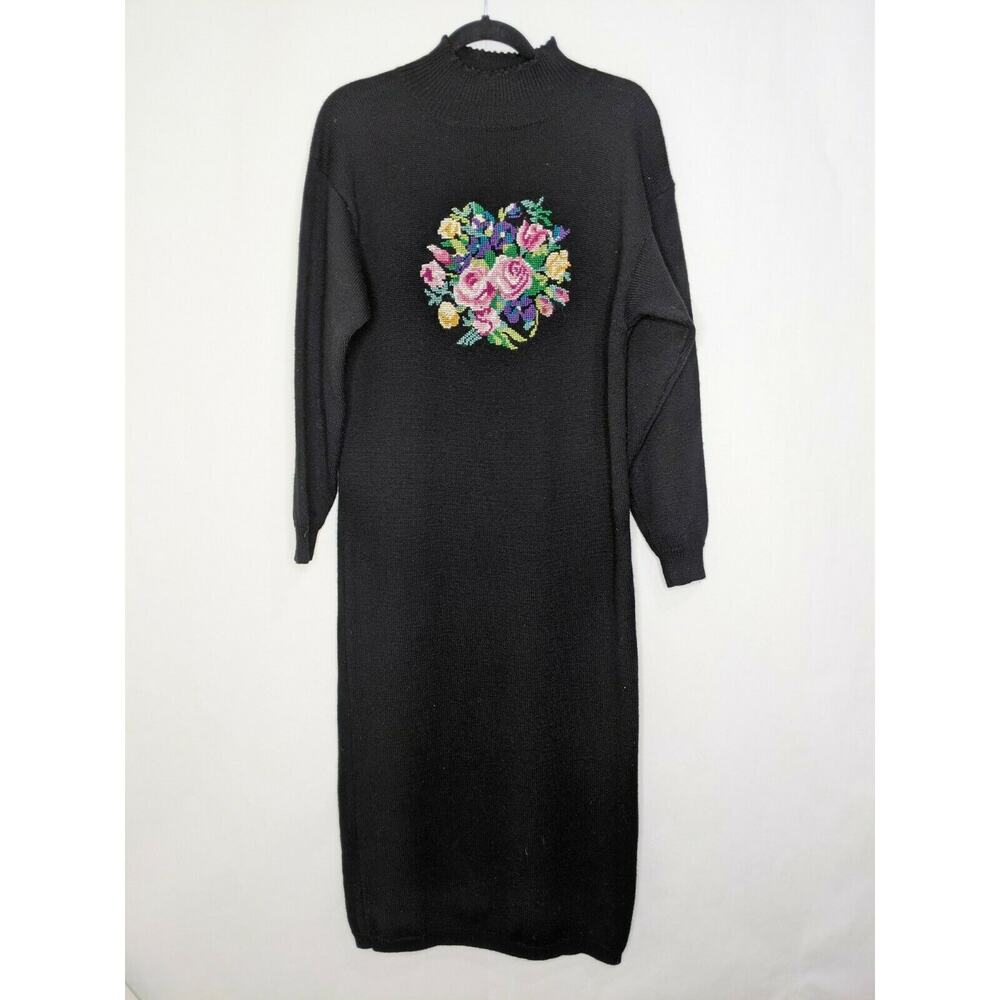 Womens JG Hook Wool Pure Dress Size Large Black Floral Embroidery Long
